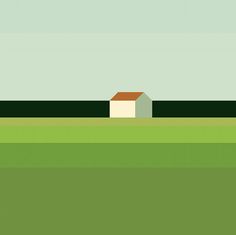 an image of a house in the middle of a field with green grass and blue sky