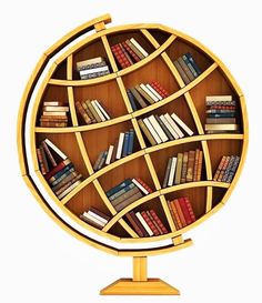 a book shelf with books on it and a globe in the middle, 3d illustration