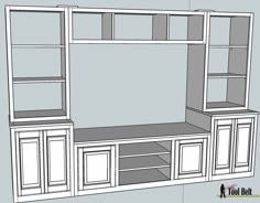 a drawing of a bookcase with shelves and cupboards in the front, side view