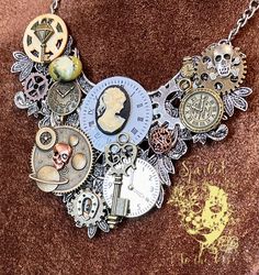 One of a kind handmade necklace with various charms and notions.The size is approximately 4” x 4” Pictured is the product. Only one is available with these embellishments. weight: 12 oz Black Cameo, Steampunk Necklace, Handmade Necklace, Handmade Necklaces, Embellishments, Charms, Van, Black