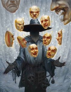 an image of a man with many masks on his face