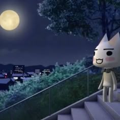 an animated cat is walking up some stairs at night with the moon in the background