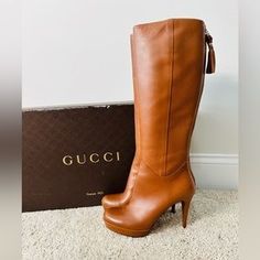 Gucci | Shoes | Authentic Cognac Brown Genuine Leather Round Toe Platform Knee Boots Size 39 | Poshmark Brown Knee-high Boots With Round Toe For Party, Platform Knee Boots, Luxury Brown Knee-high Boots With Round Toe, Gucci Dionysus Black, Luxury Brown Knee-high Boots With Leather Lining, Luxury Brown Knee-high Boots With Reinforced Heel, Womens Tall Boots, Brown Boots Women, Knee High Boots Flat