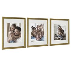 three gold framed pictures hanging on the wall with one holding a child and two hugging each other