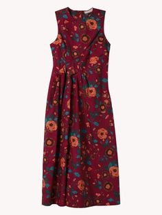 The Davina Dress is beautifully structured from cotton poplin with artful pintucks at the waist that defines the form. This sleeveless dress arrives in our seasonal floral print with blooms in blue, burgundy, and orange. It has a round neckline, side pockets, and fastens with a zipper at the back. Composition: 100% Cotton Burgundy And Orange, Heel Accessories, Tanya Taylor, Denim Flares, Knit Shirt, Ulla Johnson, Denim Pant, Cotton Poplin, Sweater Skirt