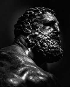 a black and white photo of a statue of a man with curly hair wearing a beard