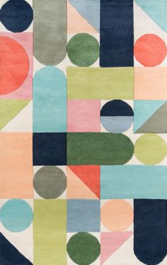 an abstract rug with various colors and shapes on it, including circles and rectangles