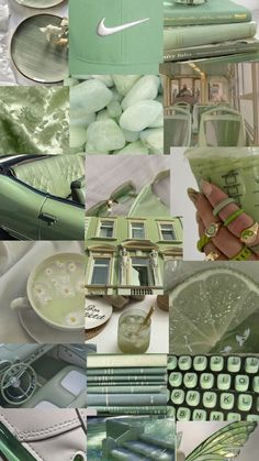 a collage of green and white items