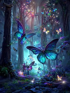 two blue butterflies flying in the air over a forest filled with trees and flowers at night