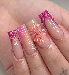 Nail Inspo Coffin Design, Korean Nail Inspo Cute, 3d Pink Acrylic Nails, Cute 3d Flower Acrylic Nails, Pink Simple Nails, Nail Inspo Coffin 3d Flower, Nails Vacation, Jelly Nails Designs, Air Brush Nails Art