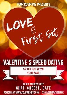 valentine's speed dating flyer with red heart and lights in the background for love at first sight