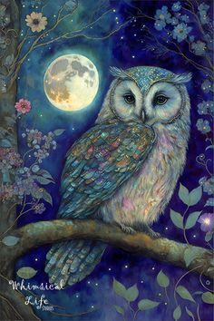 an owl is sitting on a tree branch with the moon in the sky behind it