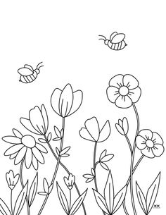 flowers and bees flying in the sky coloring page