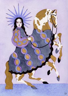 a painting of a woman riding on the back of a brown and white horse with a purple background