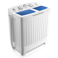 a white washing machine with blue buttons on the front and side panel, against a white background