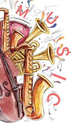 a drawing of musical instruments and music notes