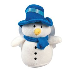 a snowman stuffed animal with a blue hat and scarf on it's head