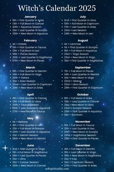 Moon Dates, Wheel of the Year Dates, and Zodiac Seasons for 2025  #mooncalendar #zodiacseasons #wheeloftheyear #fullmoon #newmoon #lunarcalendar #astrology2025 #moonphases #pagansabbats #witchycalendar #moonmagic #2025astrology #celestialcalendar #astrologylovers #witchytips #sabbatdates #lunarphases #cosmiccalendar #zodiaccalendar #astroguidance #seasonalliving #witchcraft #2025planning #moonrituals #manifesting #lunarcycle #astroevents #moonphaseplanner #zodiacdates #moonlovers #astrologicalseasons #astrologycalendar Months Of The Year Witchcraft, Astrology Moon Signs, 2025 Wheel Of The Year, Pagan Wheel Of The Year 2025, Monthly Witch Rituals, Witchy Things To Do For New Year, 2025 Witchy Calendar, Witch Calendar 2025, Witchy Calendar 2024