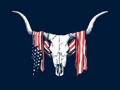 a bull skull with an american flag bandanna around it's neck on a dark blue background