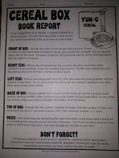 the cereal box book report is posted in front of a white paper with black writing