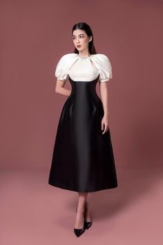 Women's Ciara A-line Puffy Sleeved Taffeta Midi Dress S/M/L Black and White /White MEAN BLVD Formal Taffeta Midi Dress With Fitted Bodice, Pleated Satin Midi Dress For Evening, Elegant Taffeta Midi Dress, Elegant Taffeta Midi Dress For Party, Elegant Fitted Taffeta Midi Dress, Chic Taffeta Midi Dress For Party, Empire Waist Evening Dress With Pleated Bodice, Taffeta Midi Dress With Fitted Bodice For Evening, Evening Taffeta Midi Dress With Fitted Bodice