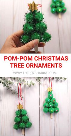 the pom - pom christmas tree ornaments are easy to make