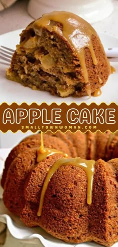 an apple cake with caramel drizzle on top