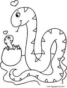 a snake and its baby in the water with hearts on it's head coloring page