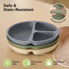 three compartment food storage container with spoons and plates on the countertop next to each other