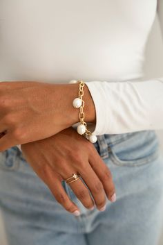 Our Phoebe Bracelet is a gorgeous cable chain and freshwater pearl bracelet! Made with 16K Gold filled cable chain and freshwater pearls. Layer this bracelet with other bracelets for a stacked look, or wear alone! Such a timeless piece! Everyday Pearl White Bracelet With Pearl Chain, Pearl White Everyday Bracelet With Pearl Chain, Pearl White Bracelet With Pearl Chain For Everyday Wear, Everyday Pearl White Pearl Chain Bracelet, White Pearl Bracelet With Chain Detail, White Pearl Bracelet With Chain, Everyday White Bracelets With Pearl Chain, Everyday White Pearl Chain Bracelet, White Pearl Chain Bracelet