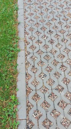 the sidewalk is lined with stones and grass