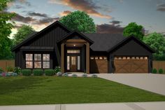 this is an artist's rendering of a house in the country style with two car garages