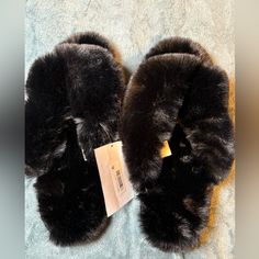 Jenni Faux-Fur Solid Crossband Slippers Women's L Black Slip On Open Toe Xl 11/12 Black Synthetic Slippers With Faux Fur Lining, Black Slippers With Faux Fur Lining, Black Faux Fur Slippers With Round Toe, Black Faux Fur Slippers For Winter, Black Soft Synthetic Slippers, Soft Black Synthetic Slippers, Soft Black Winter Slippers, Black Fluffy Slippers For Winter, Black Slip On