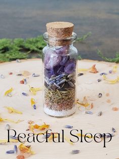 A peaceful sleep spell jar crafted with an intentional blend of herbs and crystals. Spell jar comes with an instruction card for how to work with the spell jar and all of the ingredients and their uses. Better Sleep Spell Jar, Spell Jar Ornaments, Spell Jar Ideas, Sleep Spell Jar, Witch Spell Jars, Intention Jars, Sleep Spell, Witch Bottle, Witches Jar