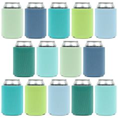 a group of six different colored can coolers