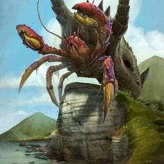 a painting of a giant crab sitting on top of a rock