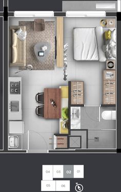 an overhead view of a bedroom and living room in a small apartment, with the floor plan