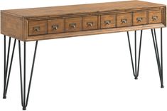 a wooden desk with metal legs and drawers