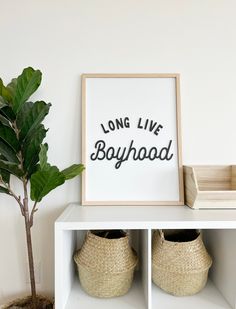 a white shelf with two baskets and a plant on top, next to a long live boyhood sign