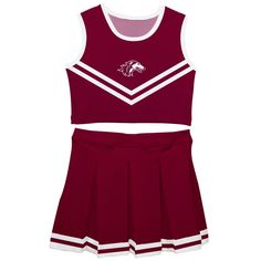 Southern Illinois Salukis SIU Vive La Fete Game Day Maroon Sleeveless Cheerleader Set Fitted Sleeveless Tops For Cheerleading, Sleeveless Tops For College With Team Spirit, Sleeveless College Tops With Team Spirit, Sleeveless Team Spirit Tops For College, Sleeveless Team-colored Tops For College, Sleeveless Cotton Top With Team Logo, Sporty Sleeveless Top With Team Logo, Collegiate Sleeveless Top With Team Logo, Team Spirit Red Sleeveless Tops