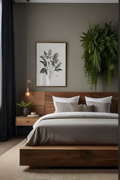 a bedroom with a bed, nightstands and plants on the wall in front of it