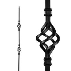 a black metal pole with an intricate design on the top, and a decorative iron rod