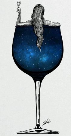 a drawing of a woman sitting in a wine glass filled with liquid and stars above her head