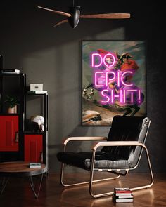 a room with a black chair and a pink neon sign on the wall above it