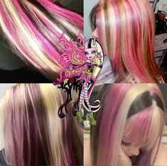 punk hair, hair inspo, hair idea, skunk hair, highlights, chunky highlights, pink hair, blonde hair, black hair, emo hair Nepolian Hair, Highlights Pink Hair, Pink Hair Blonde, Monster High Hair, Neapolitan Hair, Highlights Chunky, Highlights Pink, Hair Black Hair