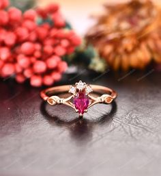 "Pear Cut Ruby Ring, Solid Rose Gold Engagement Ring, Delicate Women's Ring, Promise Ring, Anniversary Ring For Wife, Bridal Ring, Red Stone ✿ Metal: 10K/14K/18K Gold (White/ Yellow/ Rose Gold). -----「Engagement Ring Details」----- * Center Stone:（Lab Created）Ruby * Stone Color: Red * Stone Shape: Pear Cut * Stone Weight: Approx. 0.40CT(4x6mm) * Side Stone: Approx. 0.08ctw * Moissanite: EF, VVS1 (10k white moissanite mean 10k white gold with moissanite side stones, 14K white Moissanite mean 14k w Promise Ring With Rose Cut Diamonds And Lab-created Ruby, Lab-created Ruby Rings With Rose Cut Diamonds For Promise, Red Ruby Promise Ring With Rose Cut Diamonds, Rose Gold Diamond Ruby Ring For Wedding, Elegant Red Flower Promise Ring, Red Ruby Ring With Rose Cut Diamonds For Wedding, Fine Jewelry Red Wedding Ring With Rose Cut Diamonds, Rose Gold Ruby Ring For Wedding, Red Rose Cut Diamond Promise Ring