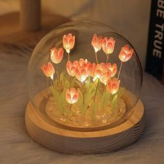 diy handmade gift mini led tulips globe night light roomtery Tulip Night Light, Luminaria Diy, Diy Table Lamp, Tulip Lamp, Diy Lampe, Flower Bedroom, Led Night Lamp, Making Glass, Flower Lamp