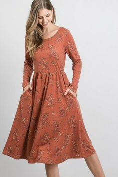 Floral Print Long Sleeve Baby Doll Midi Bohemian Dress with side Pocket - lounge midi dress with pockets Rust color dress Casual Fall Dresses With Pockets, Modest Cotton Dresses For Fall, Casual Brown Dresses With Pockets, Casual Brown Dress With Pockets, Cotton Midi Dress With Pockets For Fall, Brown Spring Dress With Pockets, Brown Spring Midi Dress With Pockets, Modest Dress With Pockets For Fall, Fitted Bohemian Dresses With Pockets