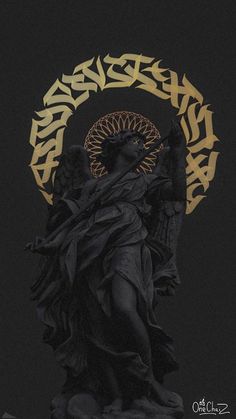 an angel statue in front of a black background with gold lettering on the top and bottom