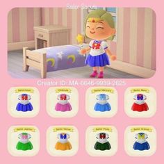 an animal crossing character is standing in front of a child's bed with many different outfits